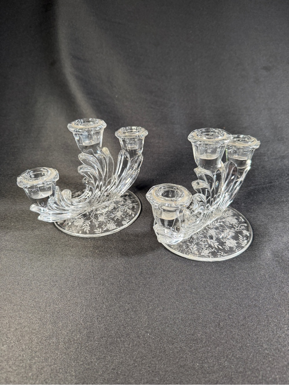 Fostoria Chintz Baroque Glass Candlestick Pair Mid Century Floral Candleabras
